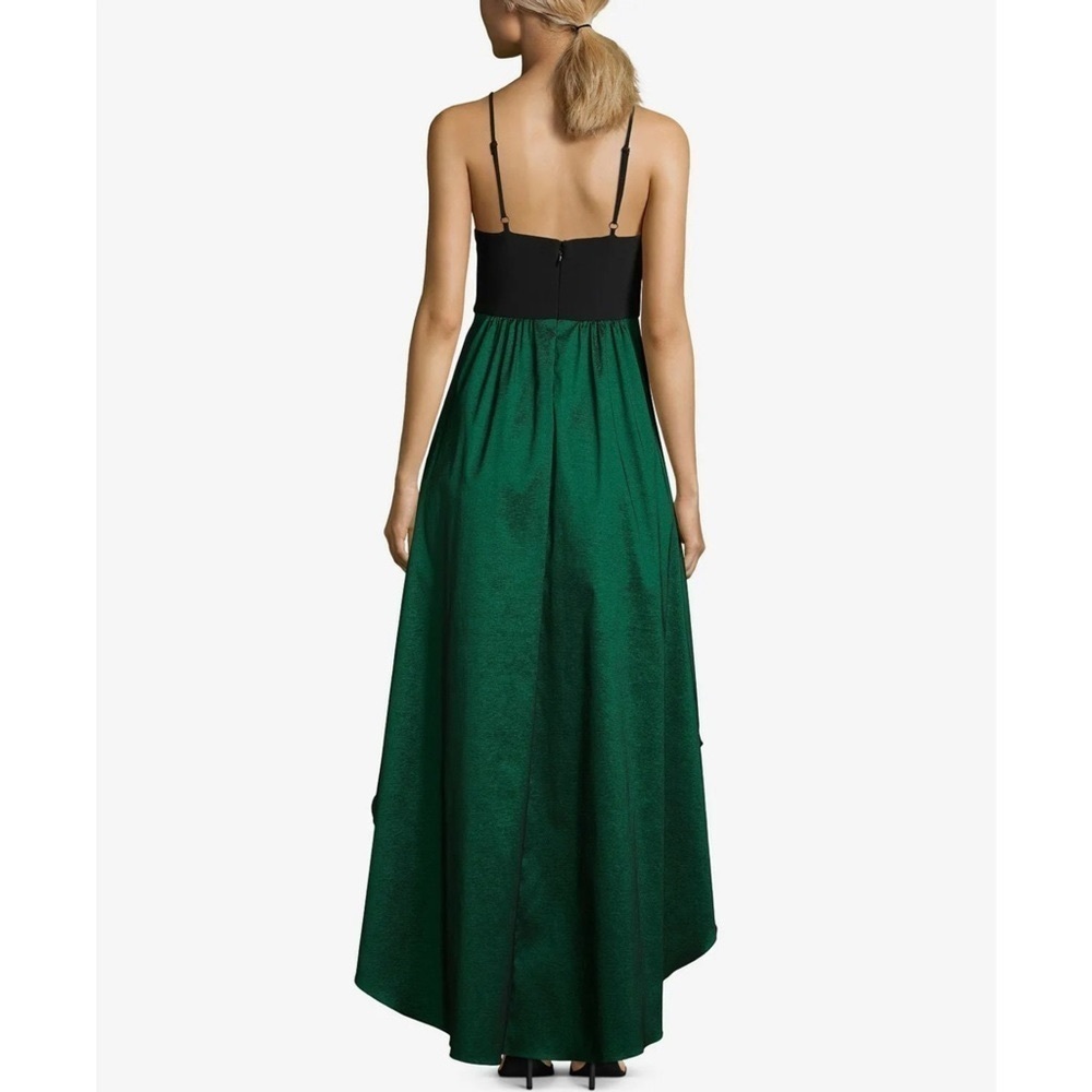 Betsy & Adam V Neck High Low Maxi Prom Dress Formal Gown Emerald Green Black 10 - Picture 2 of 10